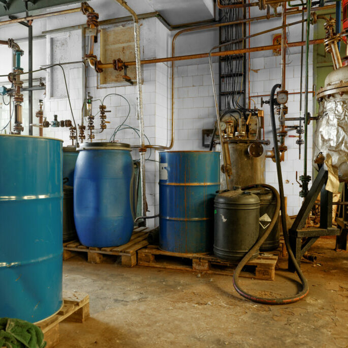 Chemical waste dump with a lot of barrels